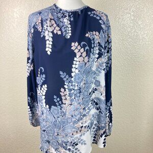 Charter Club Woman Blue & White Floral Print Tunic Peep hole Closure Sz 3X